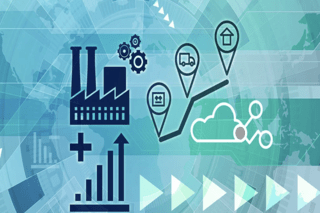 Factory, roadmap, cloud network, and increase profit icon collage.
