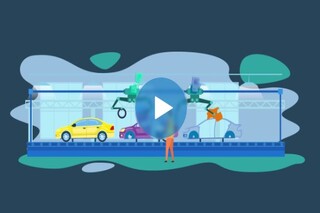 Car manufacturing production conveyor belt clipart with video play button.