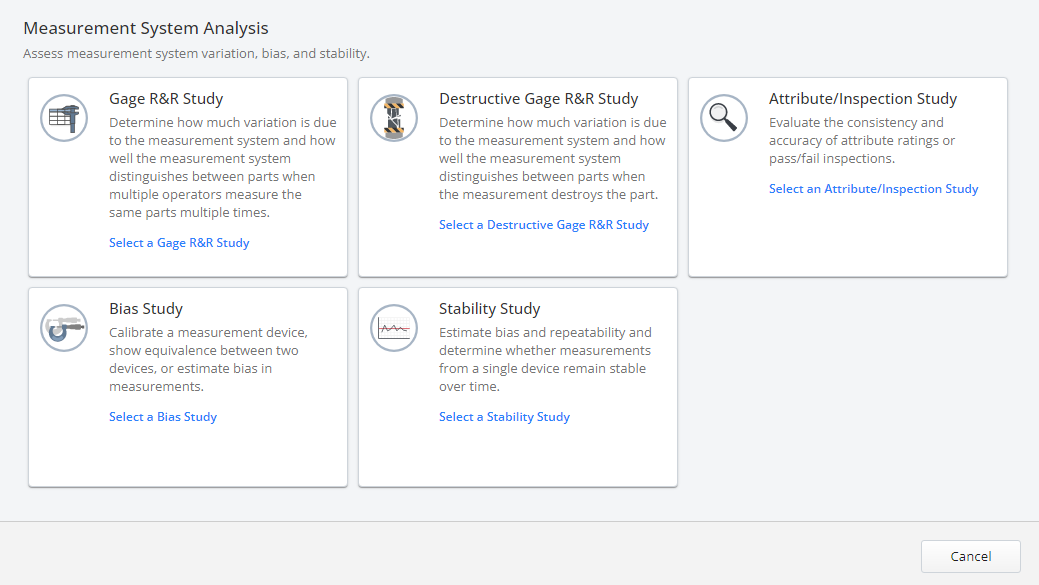 Minitab's measurement system analysis module with tools to assess variation, bias, and stability.