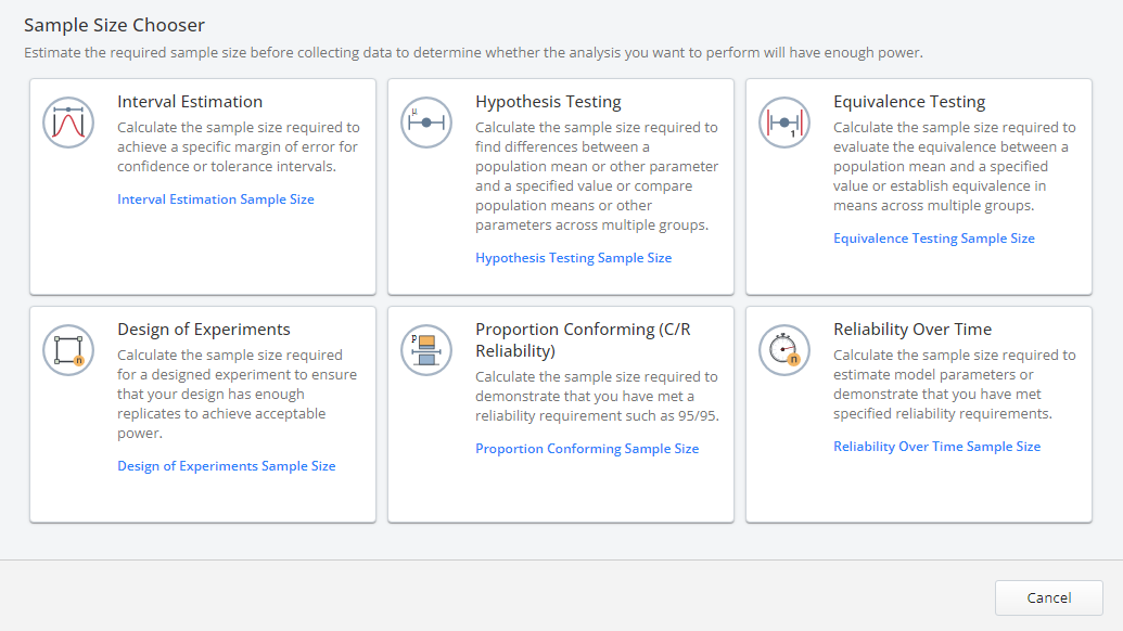 Minitab's sample size chooser dashboard with various tests to estimate the required sample size before data collection.